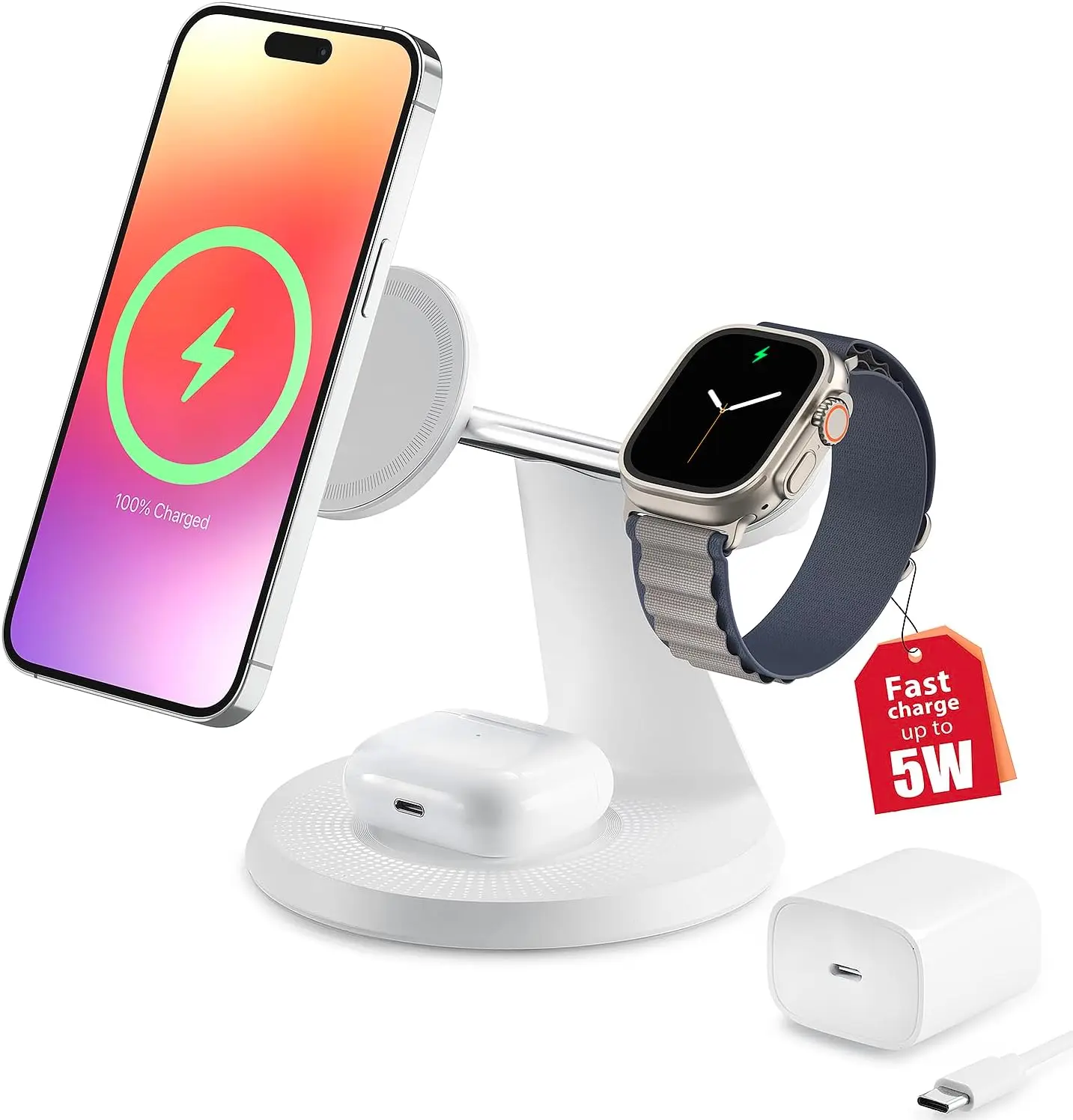 Durable Alloy 3-in-1 MagSafe Charging Station with Fast Charge, 2-Year Protection, Secure Design & Temperature Control for iPhone 12-16, iWatch, AirPods, Cellphone, Electronic