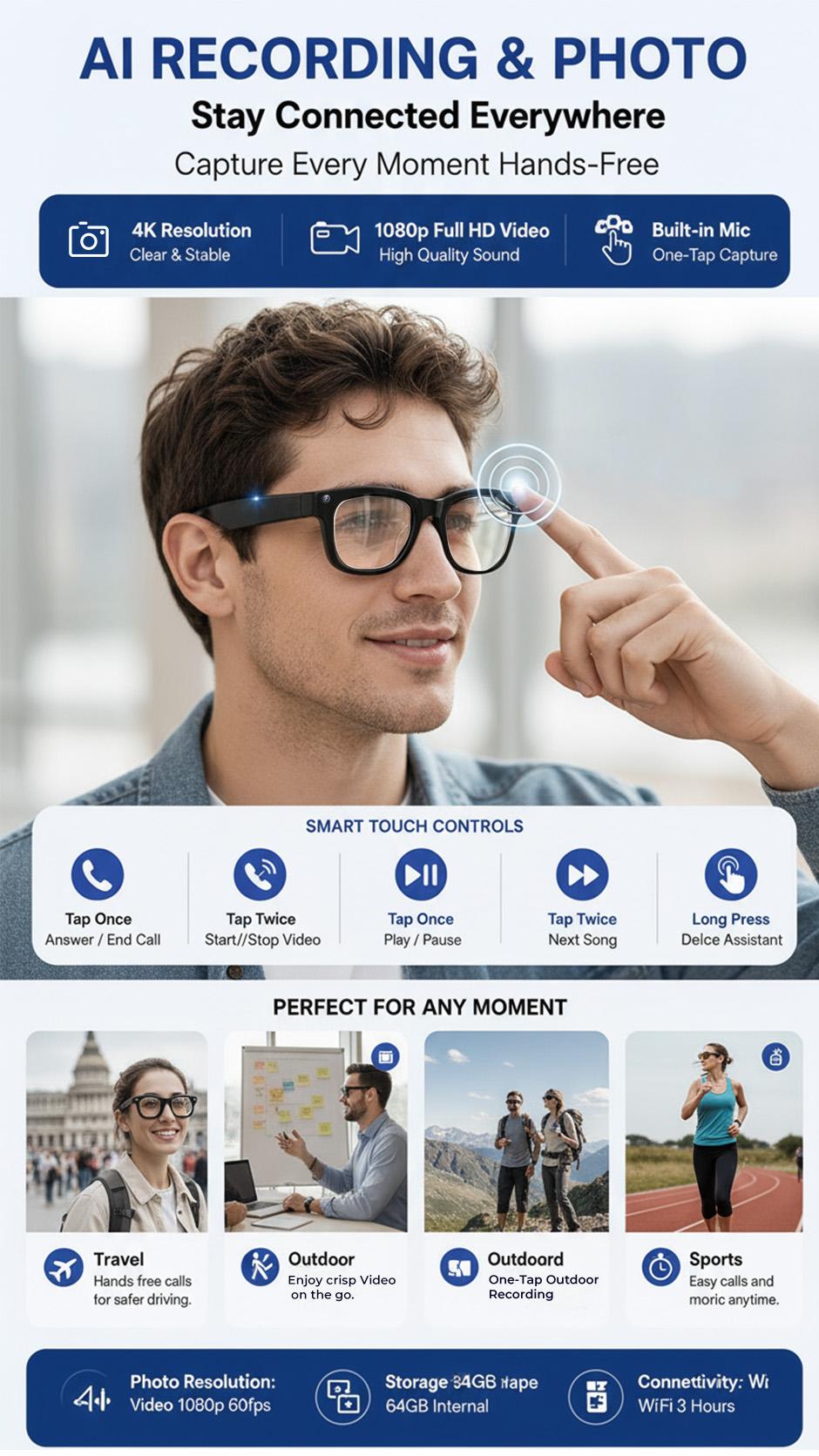 AI Smart Wearable Eye Glasses Camera - 8MP Digital Camera, Hands-Free Photo & Video Recording, Bluetooth Calls, Music Playback, App-Based Translation, Casual Minimalist Lightweight for Travel & Daily Use Cameraglasses smart glasses with camera glasses