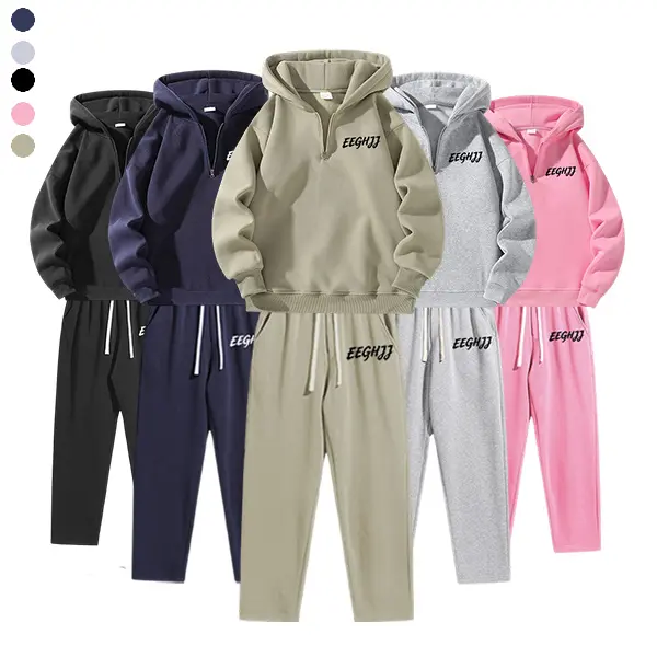 Men’s solid-color half-zip hooded top + casual long pants two-piece set, casual athletic tracksuit, loose stretchy fit, drawstring hood, sweatshirt set, relaxed silhouette, street style, autumn apparel.