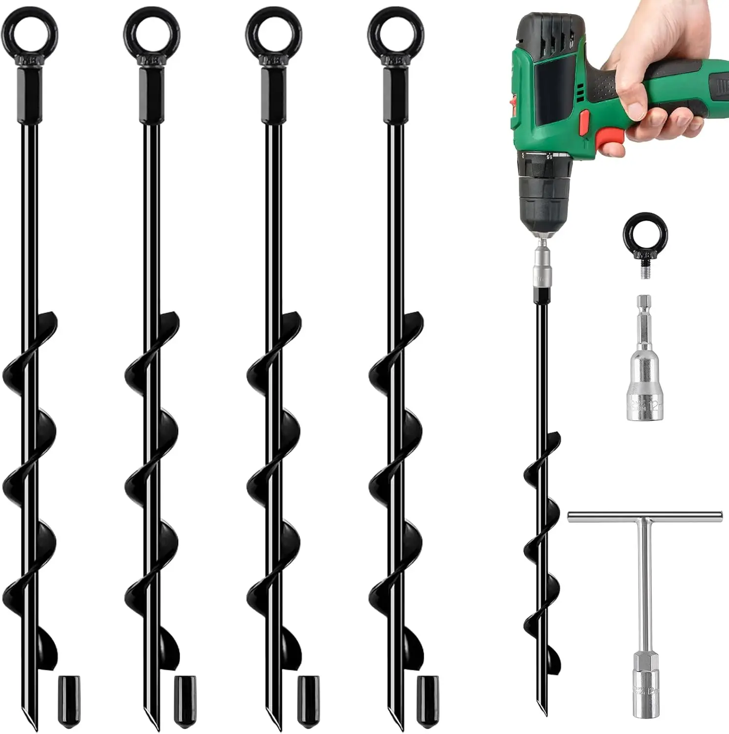 Ground Screw in, 18 Inch 4 Pack Spiral Swing Set Trampoline Earth Duty Stakes Kit for Shed Tent Tree Dog High Wind Carports Camping Mobile Home Greenhouse