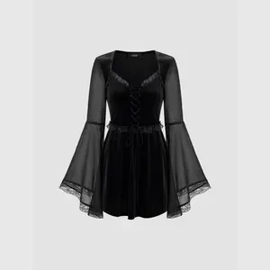 Cider [size 2-26] Velvet Square Neck Solid Lace Up Bell Sleeve Mini Dress