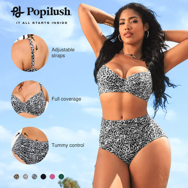 Popilush Leopard Swimwear Set High Waisted Bikini Shapewear Swimsuit  Push Up Adjustable Cover Up