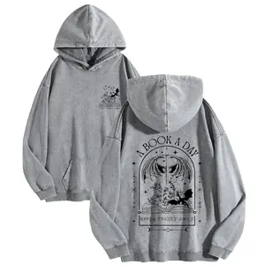 Holafish Acid Wash Cotton Hoodie with Kangaroo Pocket Vintage BlackBook Pattern Cozy Everyday Comfort Pullover for Fall Winter Streetwear Unisex Soft Thin Sweatshirt