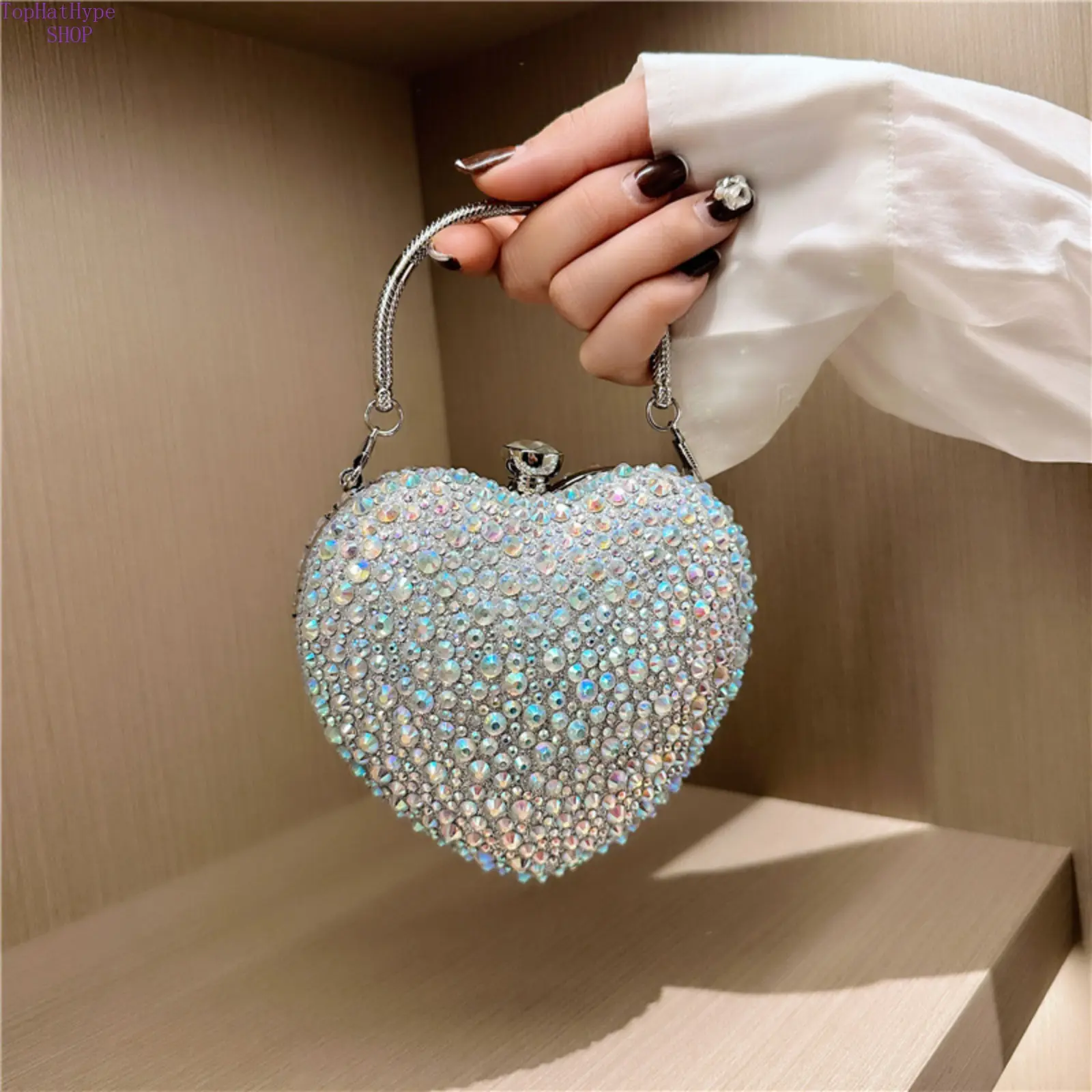 Women's Heart Shape Evening Clutch, Sparkling Acrylic Stone Mini Crossbody Bag for Parties and Weddings, Evening Bags, Mini Clutch, Acrylic Stones, Crossbody Carry, Crossbody Strap, Compact