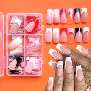 144Pcs French Tip Press-On Nail Set - Mixed Colors, Medium Length, White & Red Nail Tips Kit Glossy Full Cover Summer Nails for Daily Wear and Party Use by Women