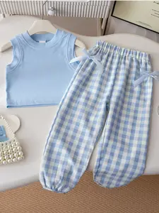 Girls Summer Solid Color Ribbed Vest with Tapered Check Pants Set, Comfortable and Stylish for Kids, Casual Fashion Set, Casual Outfit Set, Summer Clothes Set