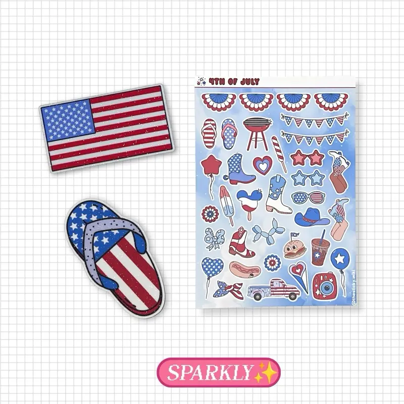 4th of July Sparkling Sticker Pack, Vinyl Stickers for Laptop, Water Bottle, Car Decor