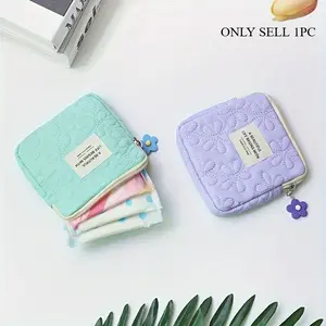 Flower Embroidery Sanitary Napkin Pads Bag, Reusable Square Tampon Travel Storage Pouch, Aesthetic Zipper Coin Purse