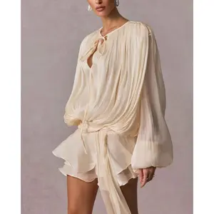 Women's Ruffle Mini Dress Long Lantern Sleeve Tie-up Front Solid Color Pleated Dress Short Flowy Dress