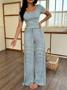 Women’s Striped 2 Piece Outfit, Short Sleeve Slim Fit Crop Top and High Waist Wide Leg Pants Casual Lounge Set
