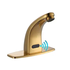 WOWOW Motion Sensor Touchless Single Hole Bathroom Sink Faucet - Battery-Operated, Auto Stop, Temperature Mixer, Gold Deckplate