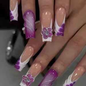 24pcs Square Long Nails, Nude Base + Gradient, French Edge, 3D Wave Pattern, Flower Rhinestones, Reusable, Beginner Friendly, Nail Art Set
