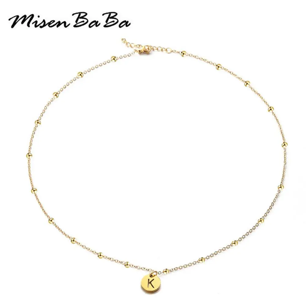 MisenBaBa Stainless Steel Beads Chain A-Z Initial Letter Pendant Necklaces For Women Round Coin Alphabet Choker lyrics Jewelry