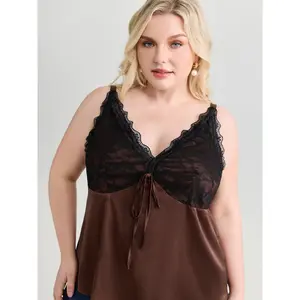 BLOOMCHIC Women's Plus Size Romantic Lace Trim Bowknot Tie Tank Top - Spandex-Nylon Smooth Fit Fabric Garment 2026 Summer Lady Pick for Mother's Day 2026 Summer Vibes Swimweek
