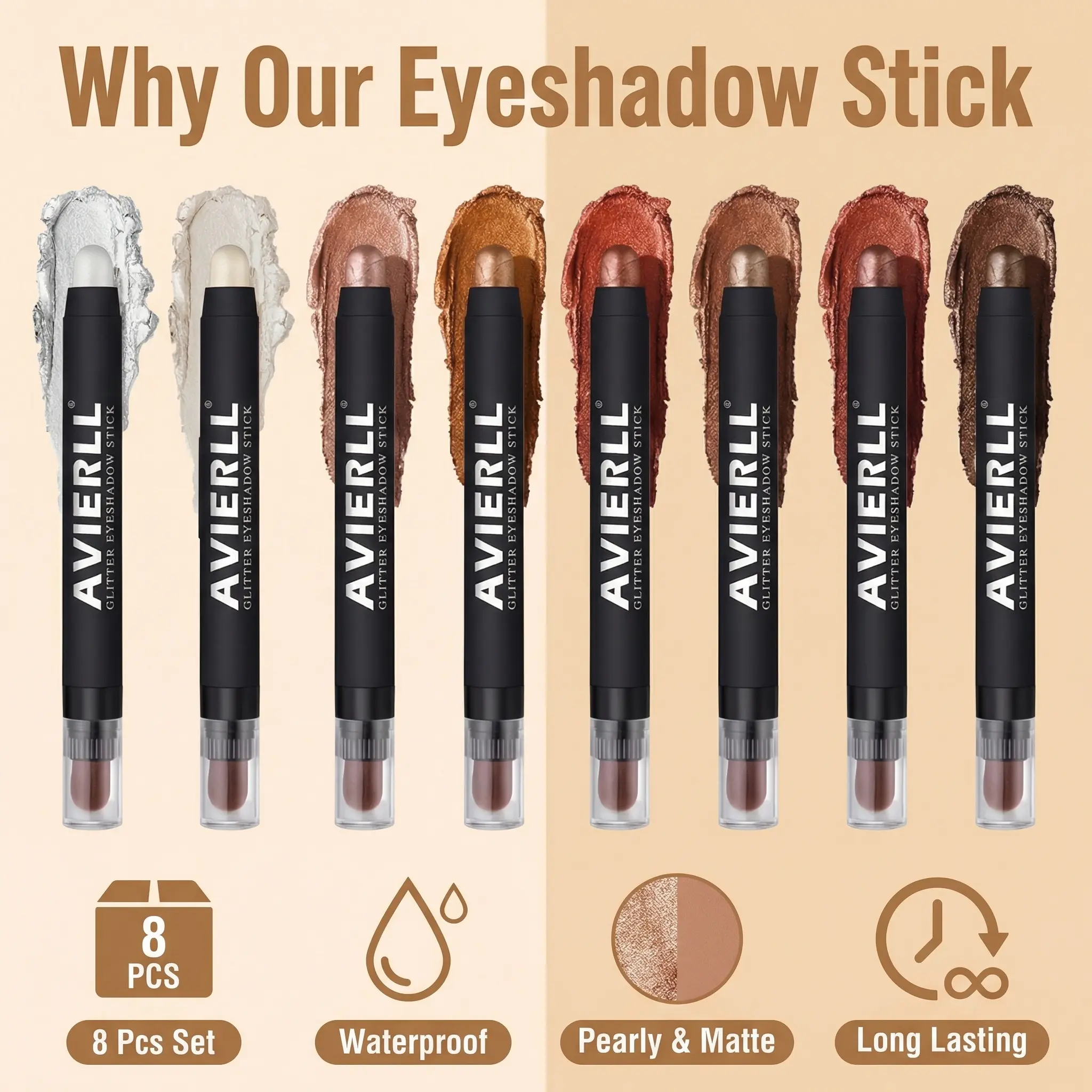 8Pcs Pigmented Matte & Glitter Eyeshadow Stick Set - Waterproof, Long-Lasting, Shimmer Matte Shades for Easy Sparkly Daily & Glam Eye Makeup, Matte And Glitter