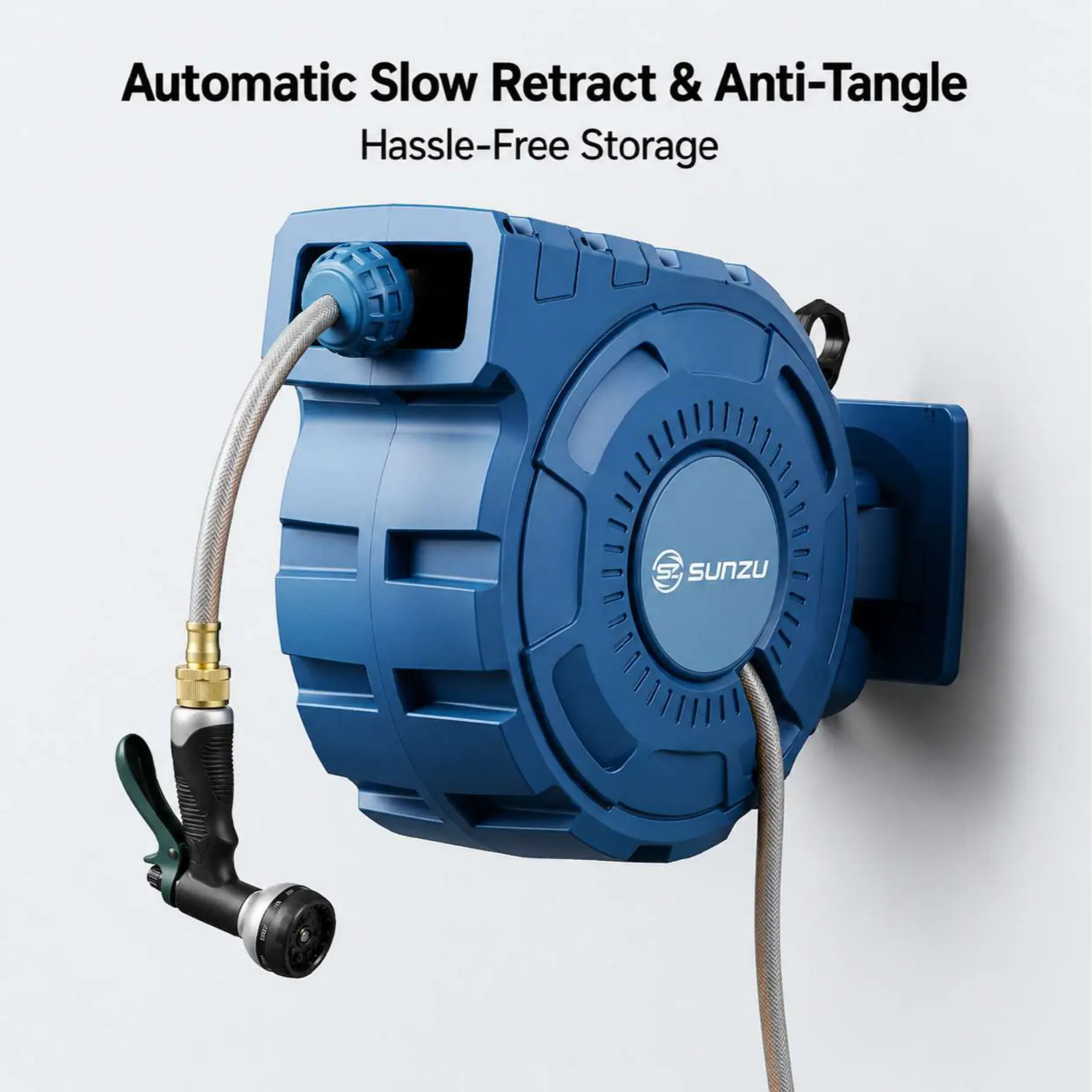 SUNZU 65FT Retractable Home Garden Hose Reel, 1/2 Inch Wall Mounted Auto Rewind Hose with 180° Swivel Bracket, Slow Return and 9-Pattern Spray Nozzle, Blue 