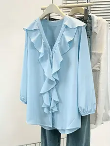 Fashion Ruffle V-Neck Long-Sleeve Blouse Lady Plus Size Casual Loose Fit Chiffon Tops, Soft Breathable Wrinkle-Resistant Fabric, Y2K Clothes Summer Outfits, Trendy Office Daily Wear, Comfortable Relaxed Fit Work Casual Shirts, Womenswear