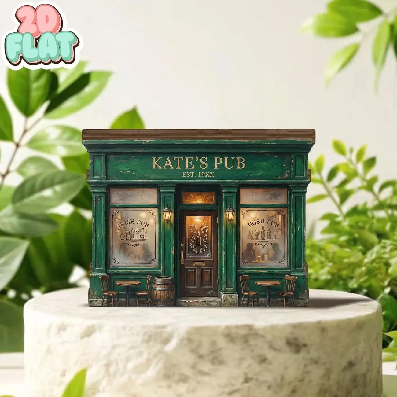 Personalized Irish Pub 2D FLAT Wooden Block Decor, Custom Pub Name Shelf Sign, Green Bar Book Nook Style, Irish Home Decor Gift