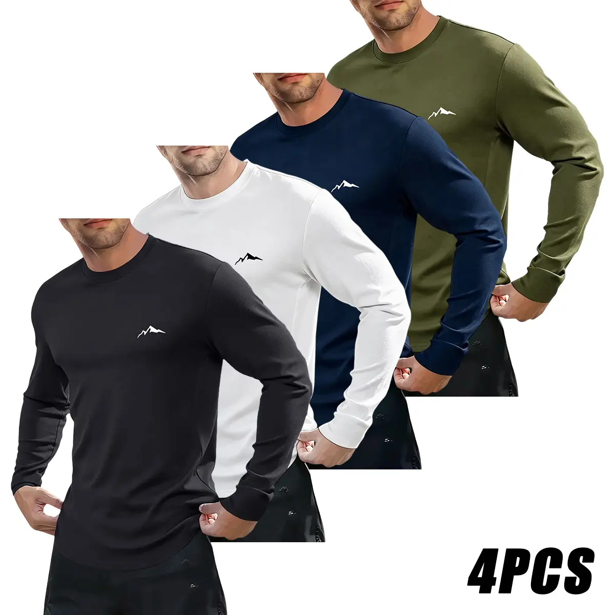 4-Pack Men’s Activewear Crew Neck Long Sleeve T-Shirts, Mountain Range Print, Stretch Quick-Dry Breathable Fabric, Versatile Tops for Training, Travel, and Everyday Layering