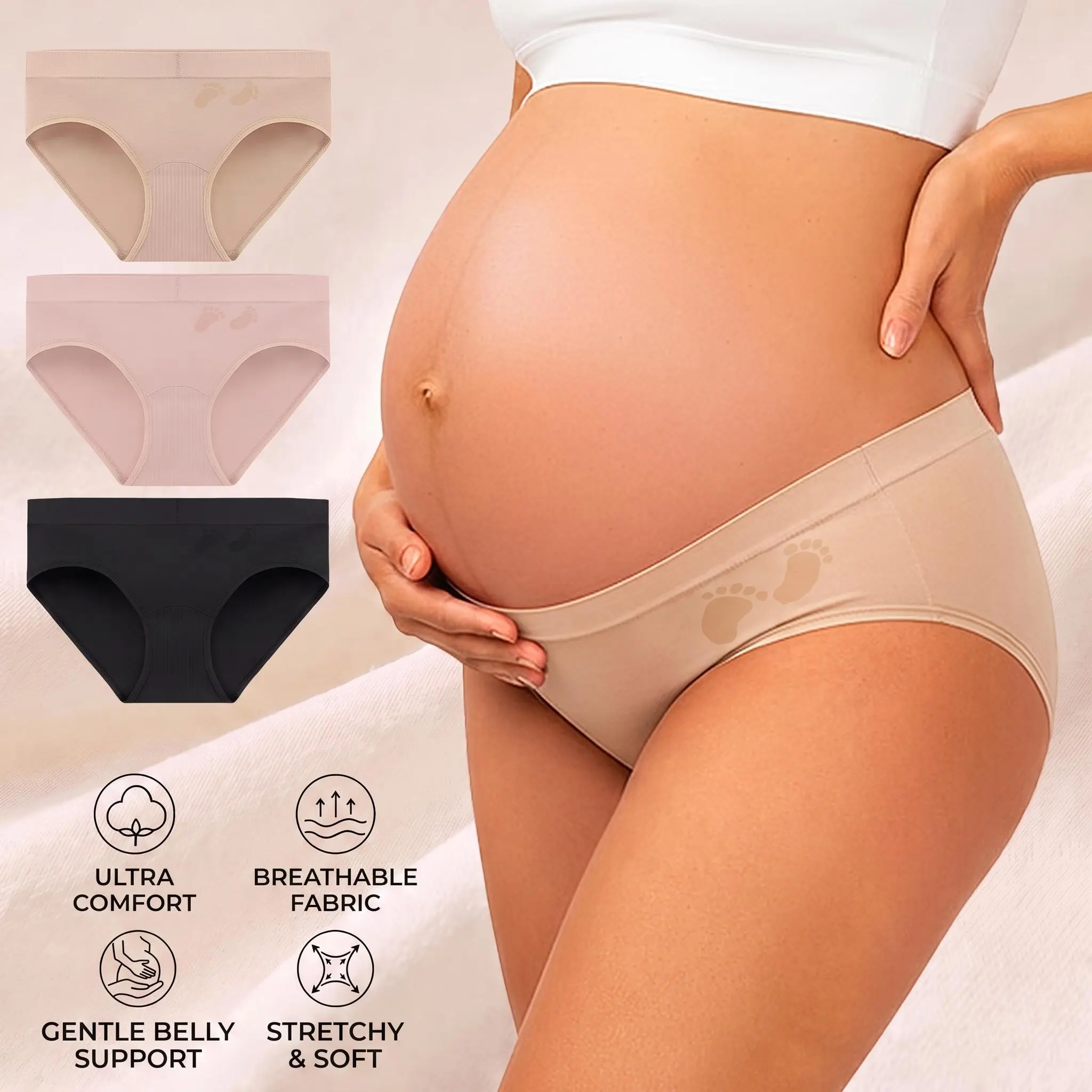 Women's Seamless Cotton Blend Maternity Underwear - Low-Waisted, Breathable, Plain, Pressure-Free Bikini, Under Bump Postpartum Panties, 3-Pack