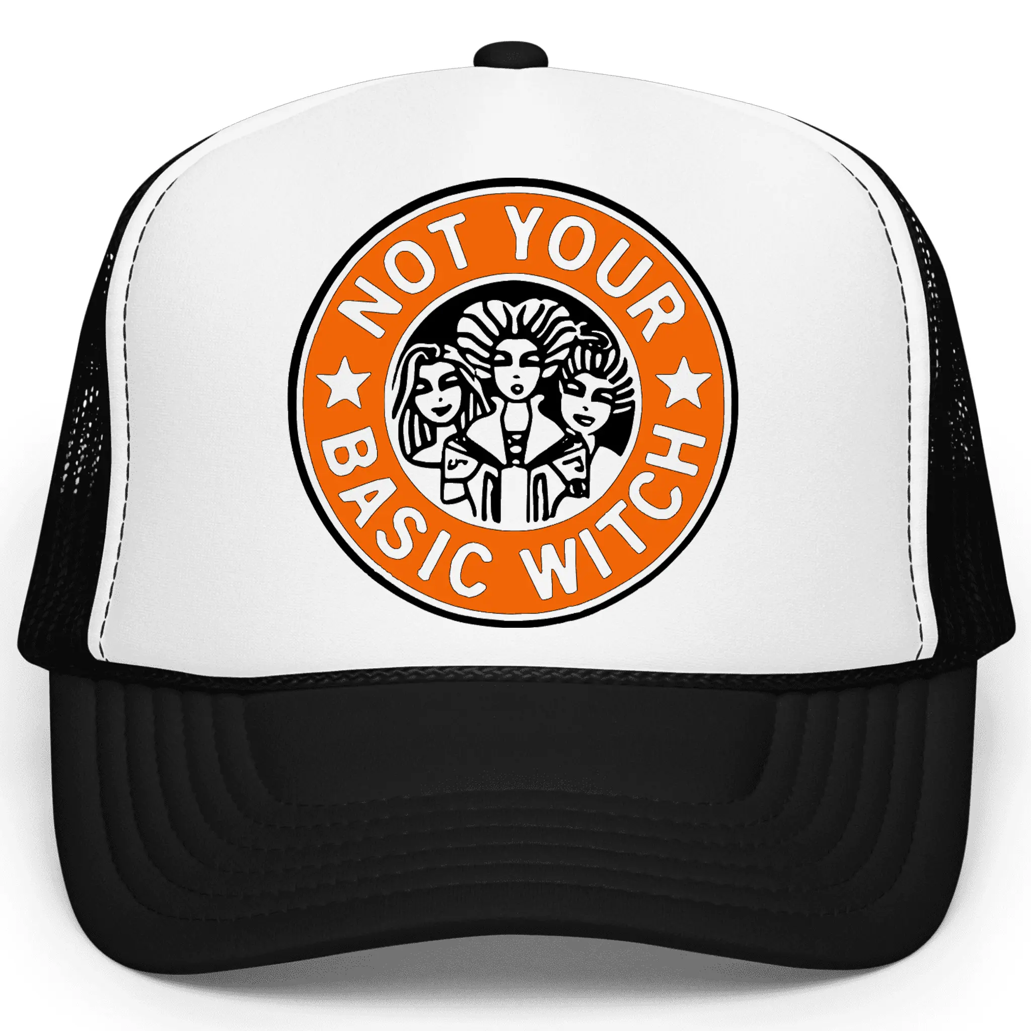 Not Your Basic Witch Trucker Hat for Women and Teens - Funny Halloween Adjustable Cap - Witches Snapback in Orange and Black