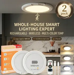 Rechargeable Ceiling Light 2Pack, 3 Color Motion Sensor Lights with Remote, Wireless Closet Light Battery Operated, Magnetic Dimmable LED Lights for Shower Pantry Shed Hallway Porch Garage Stairs lamp