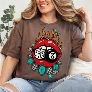 Vintage Edgy Flaming Gambling Lips Tshirt, Western Graphic Tee, Country Style Outfits For Women, Cowgirl Country Concert Stuff Top Womenswear