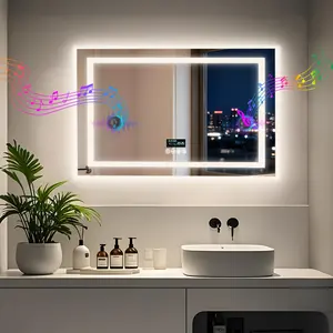 LED Bathroom Mirror with Bluetooth Speaker & Screen Display, Tempered Glass Anti Fog Vanity Mirror, Front and Backlit Dimmable 3 Color