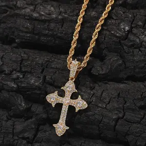 Cross Necklace Iced Out 14K Gold Plated Cubic Zirconia Ankh Cross Pendant With Rope Chain, Trendy Hip Hop Gothic Diamond Jesus Cross Necklace