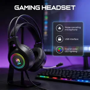 Stereo RGB Gaming Headphones - 50mm Speakers, USB 2.0 Connection, Omnidirectional Mic, Dual Headband PU Design, 2.2m Cable, On-Earcup Volume Control for PC Desktop Gamers/Home Gaming Setups