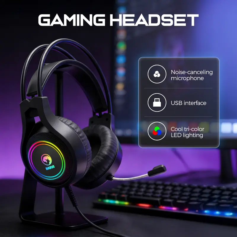 Marvo Core Gaming Headset - Wired Game Peripheral, Head-Mounted Compatible Wired Headphones with Omnidirectional Mic, 50mm Stereo RGB Speakers, USB 2.0, Dual PU Headband, 2.2m Cable, On-Earcup Volume Control, Desktop & PC Use, Core Gaming Headsets