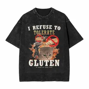 Women’s Oversized Short Sleeve 230G Heavy Cotton Tee | Vintage Washed Black Gluten Free Celiac Friendly Sassy Cat Meme Graphic Top