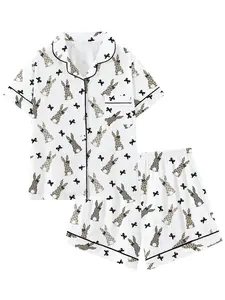 Cute Easter Bunny Bow Collar Short Sleeve Pajama Set for Teen Girls, Bunny Print Pajamas, Comfortable Sleepwear for All Seasons, Party Gift Idea