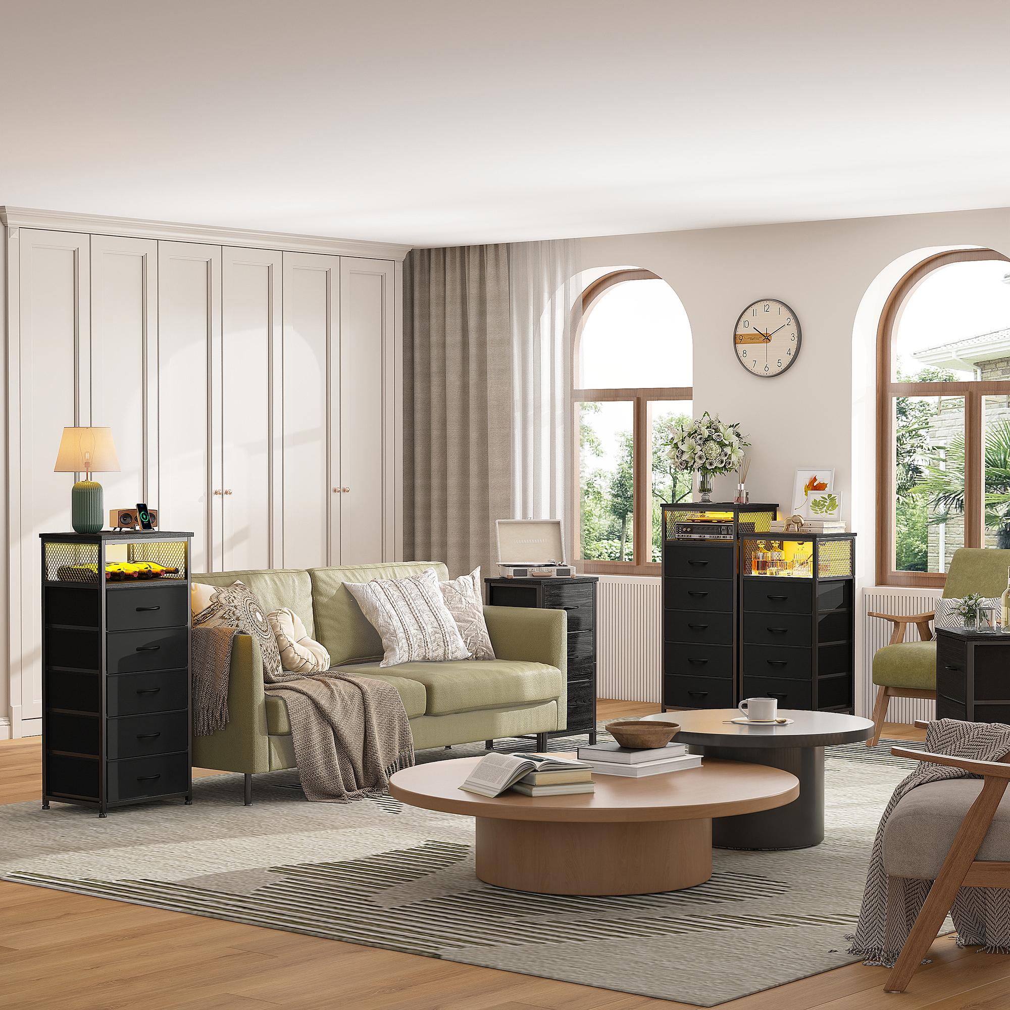 Raybee 37.5" Tall LED Night Stand with 5 Drawers for Tall Bed, Black Narrow Dresser with Charging Station for Living Room, Night End Table with Extra Side Bag & Hooks, Bedside Table with Power Stripe, Bedroom, Closet, Hallway, Entryway, White, Brown