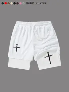 Men's 2-in-1 Compression Lined Shorts, Gothic Cross Print, Drawstring Waist, Y2K Streetwear, Casual Workout Gym Shorts with Pockets