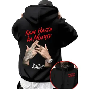 Men's Street Style Hoodie, Real Hasta La Muerte Graphic Design, Loose Fit Casual Wear, Fall & Winter Fashion, Comfortable Daily