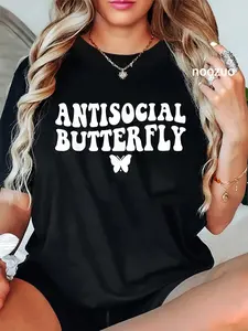 100% Cotton Unisex Funny Antisocial Butterfly Tee Shirt Adults Black Cotton Short Sleeve T-Shirt Casual Top