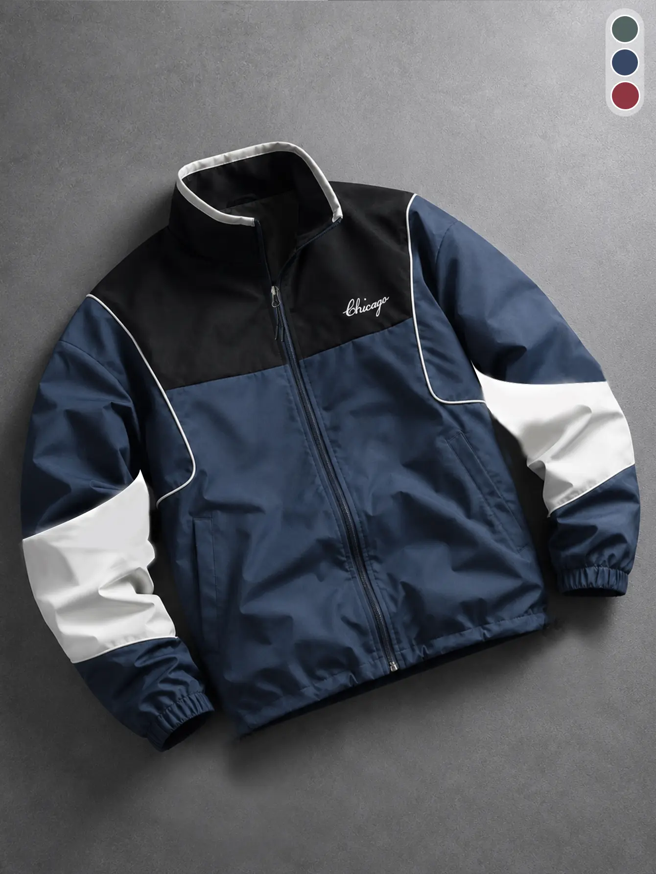 Men's American Vintage Chicago Color-Blocked Stand Collar Jacket | Casual Sport Windproof Jacket, Retro Collegiate Style Color-Blocked Outerwear
