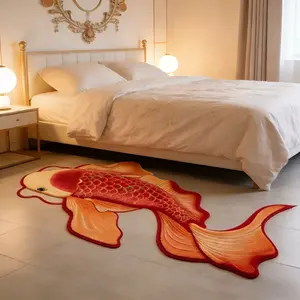 1pc New Chinese Style Study Strip Plush Carpet Koi Art Living Room Sofa Red Carpet Light Luxury Gold Bedroom Decoration Bedside Rug Home Fluffy Soft Balcony Non-slip Floor Mat