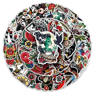 50 PCS Retro American Tattoo Stickers Pack,Cool Waterproof Sailor Jerry Style Decals for Water Bottle Guitar Luggage, Classic Rose Skull Dagger Tattoo GiftsSticker bombing my guitar with these sick old school tattoo decals!