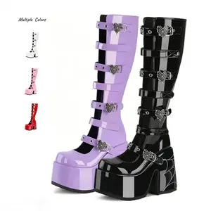 AOSPHIRAYLIAN Platform Knee High Goth Buckle Black Boots Chunky High Heel Wide Foot Friendly Adjust Buckle Punk Mid Calf Round Toe Wedge Combat Black Boots with Side Zip Patent Leather Combat Purple Boots Spider Buckle Velcro Easy To Put On