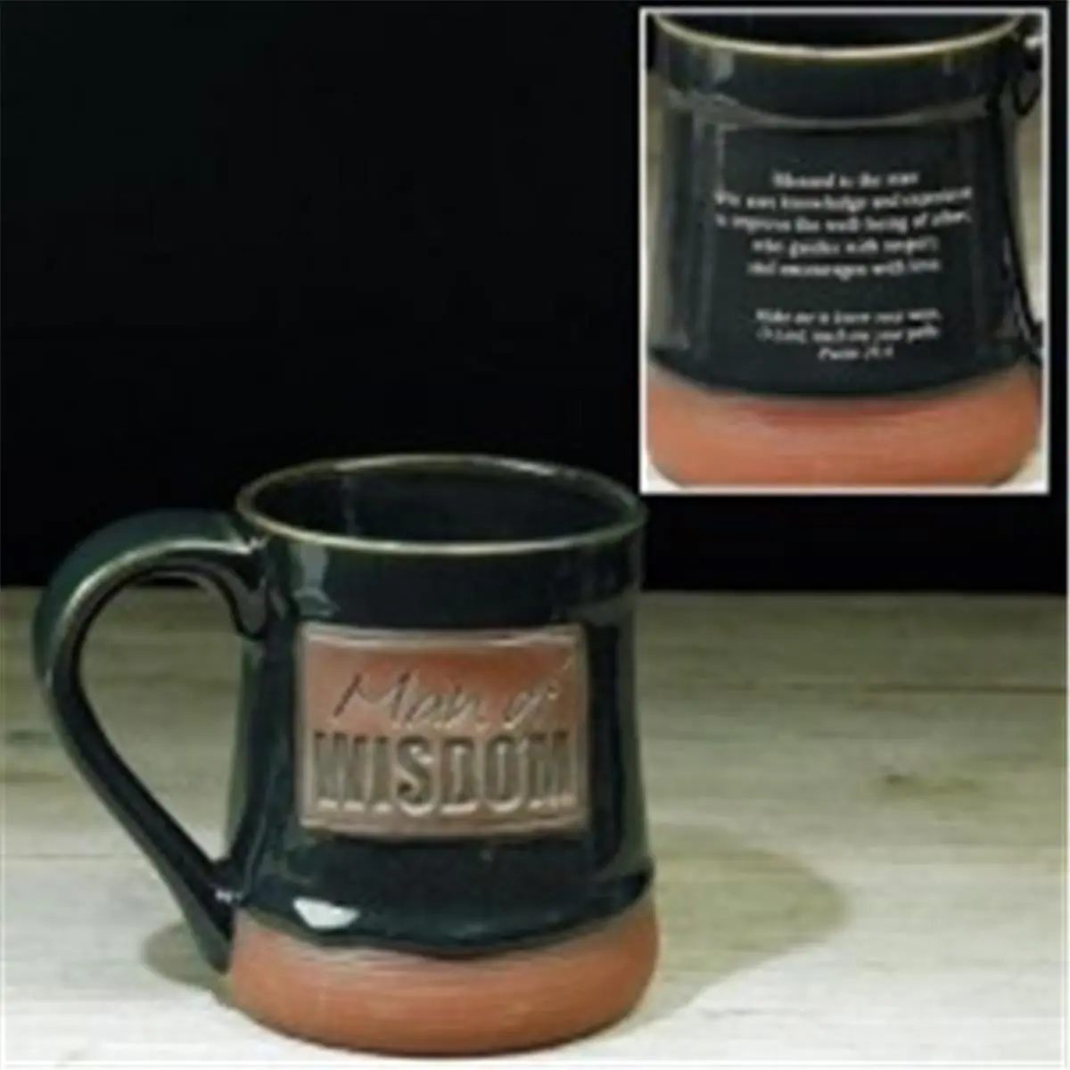 212 MAIN 20oz Reusable Clay Coffee Cup - Handcrafted Solid Stoneware Mug, Microwave-Safe, Washable, Message Back, Black Kitchen Drinkware for Coffee Lovers (Man of Wisdom Design with Natural Variations)