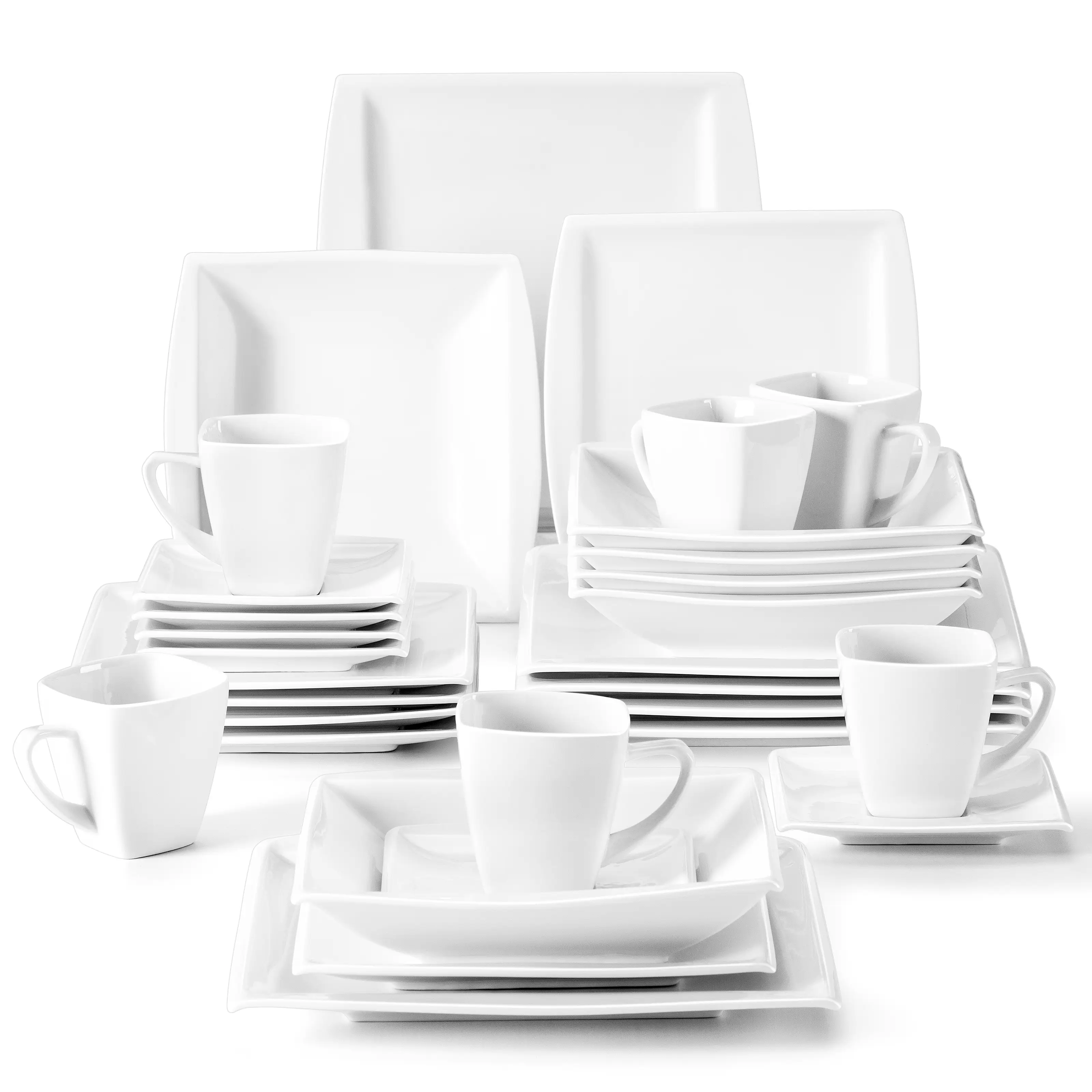 MALACASA Dinnerware Sets, 30 Pieces Ivory White Plates and Bowls Sets for 6, Square Plates Dinnerware Set, Porcelain Dinnerware with Plates and Bowls,