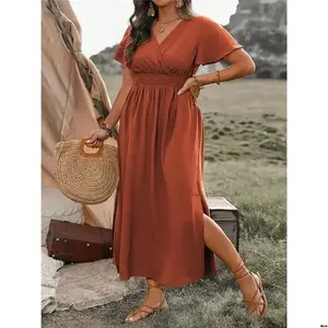 Franclia Hem Slit Waist V Size Plus Maxi Dress with Neck Flounce Sleeve Tie Pleated Design for Women Casual Outfit in Blue - Style, Womenswear