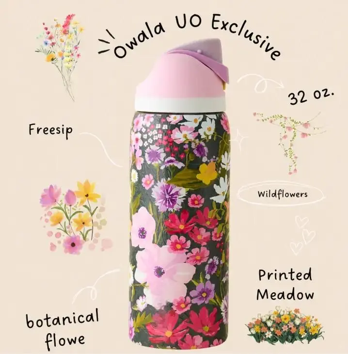 Owala UO Exclusive Painted Meadow FreeSip 32oz Water Bottle with Straw Lid, Leakproof BPA-Free Travel/Gym Sports Tumbler, Stylish Drinkware
