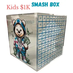 Kids $1K Money Savings Box Clear Smash Box for Kids with Dry Erase Marker. Piggy Bank Saver Money Box Money Jar