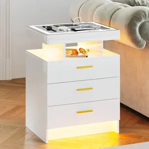 Auto LED Nightstand with Drawer, White Glass Top Bedside Cabinet, High Gloss 3-Drawer Modern Accent Table, Bedroom End Side Table with Charging Station & USB Ports, Modern Accent Tables