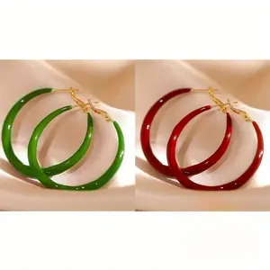 2 Pairs of New High-End Women'S Red Green Big Ear Circle Design Circle Face Big Circle Earrings Suitable for Daily Wear
