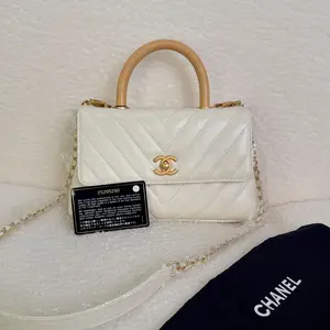 Pre-owned CHANEL Mini Coco Handle Flap Bag, White Chevron Quilted Calfskin with Lizard‑Embossed Top Handle & Gold Hardware (Series 25, Circa 2018‑2019) 25205280 HK