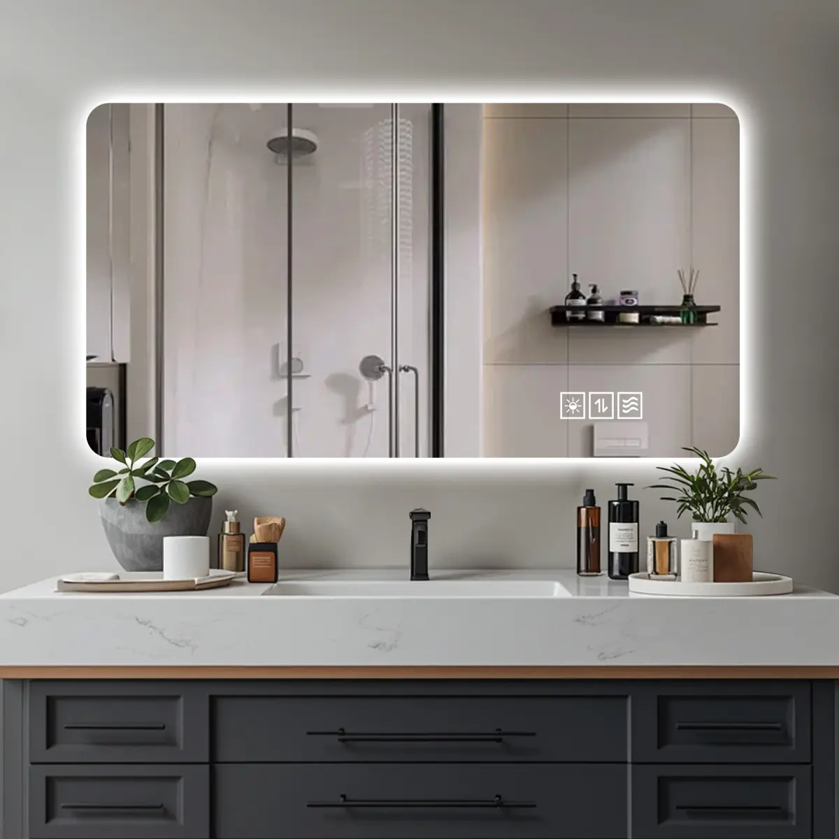 Wall-Mounted LED Bathroom Mirror (24x48 in) - 3-Color Lighting (Warm Light, Natural Light), Dimming, IP44 Waterproof, Anti-Fog, Touch Switch, Quick Heating, Intelligent Sensing, Vanity Room Over-The-Toilet Decor Solution